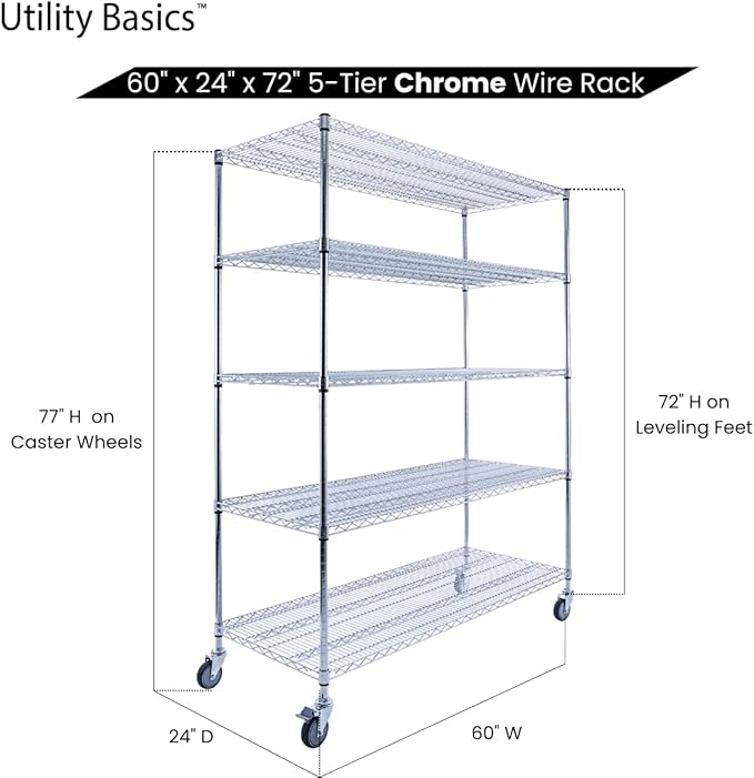 60"x24"x72" Chrome 5-Tier PREMIUM Wire Shelving NSF 4000 LBS MAX CAPACITY Heavy Duty Steel Storage Rack for Warehouses, Garages, Hospitals, Commercial Spaces, & Schools w/PREMIUM WHEELS-CasaMuseHome