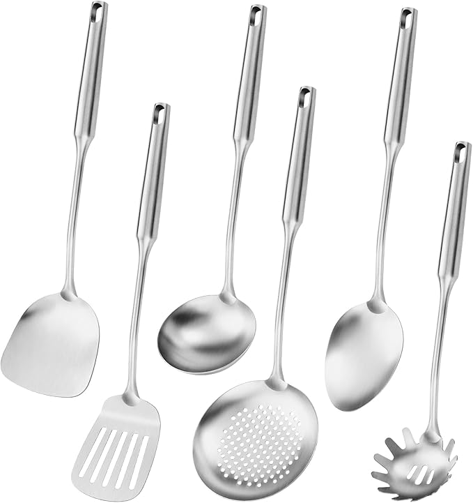 304 Stainless Steel Cooking Utensil,Kitchen Kitchen Utensil with Spatula, Solid Spoon, Ladle, Skimmer, Spaghetti Spoon, 6 Piece Set, Dishwasher Safe-CasaMuseHome