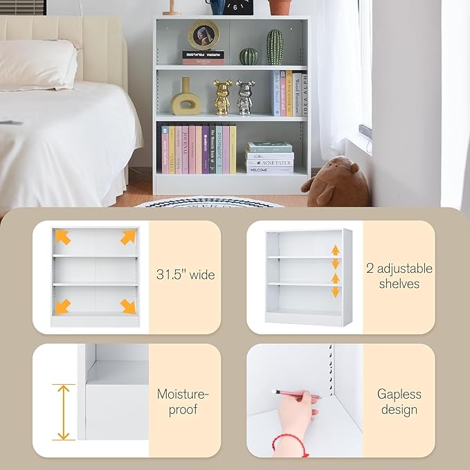 3-Tier Bookshelf with Adjustable Shelves, White Metal Space Saving Storage Shelf Bookcase, Small Open Storage Shelf for Living Room, Home Office, Dinning Room, Pantry (White-36H)-CasaMuseHome