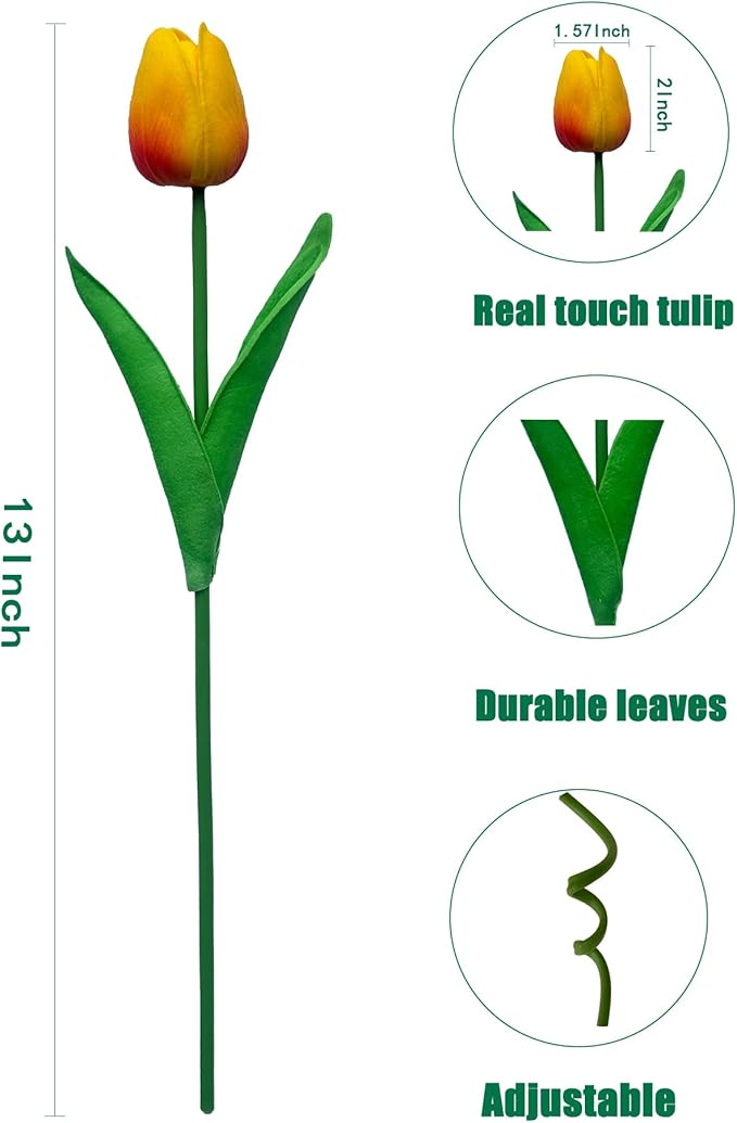 15 Heads Artificial Flowers PU Real Touch Tulip Bouquets Orange Tulips Faux Tulips Latex Fake Flower Bouquet for Spring Wedding Home Décor Centerpiece Arrangements-CasaMuseHome