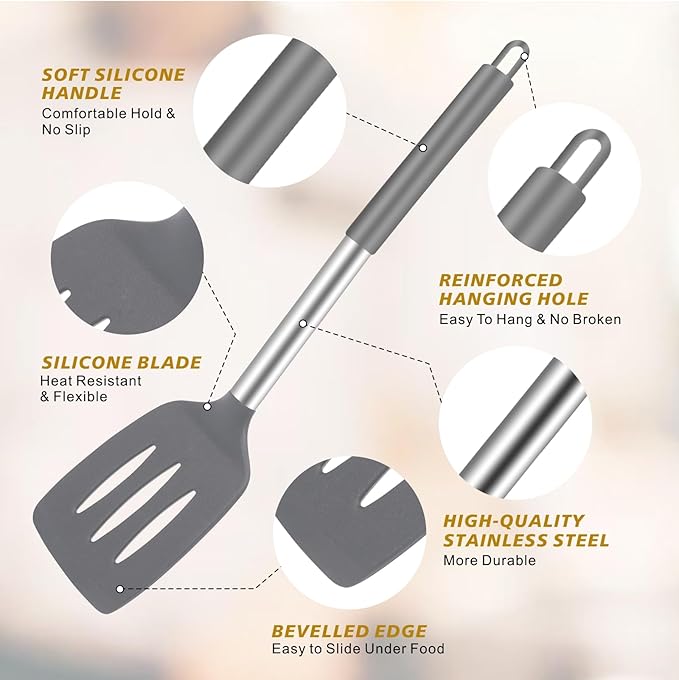 5-Piece Silicone Kitchen Tool Set, BPA-Free, Heat-Resistant, Non-Stick & Dishwasher-Safe, with Slotted/Solid Spoons & Spatulas for Frying, Mixing, Draining – Includes Multi-Purpose Serving Hook(Gray)-CasaMuseHome