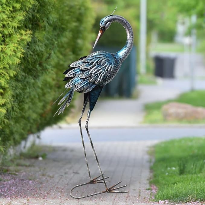 37 Inch Blue Heron Crane Statue, Metal Yard Art Outdoor Decoy, Garden Sculpture for Lawn/Pond Decoration, 1Pc, ORTBL-CR24053A-18-CasaMuseHome