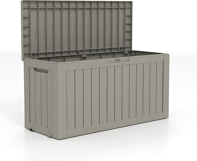 90 Gallon Lockable Resin Deck Box with Wheels, Waterproof & UV-Resistant Outdoor Storage Box for Outdoor Cushion Storage, Garden Tools & Pool Accessories Storage, Gray-CasaMuseHome