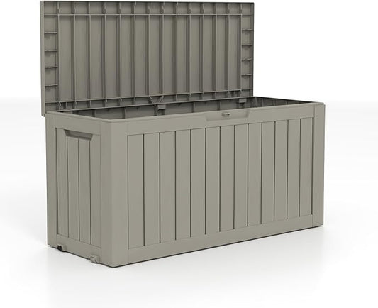 90 Gallon Lockable Resin Deck Box with Wheels, Waterproof & UV-Resistant Outdoor Storage Box for Outdoor Cushion Storage, Garden Tools & Pool Accessories Storage, Gray-CasaMuseHome