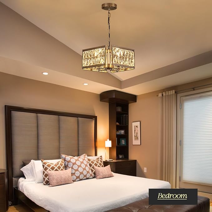 12” 4-Light Modern Crystal Chandeliers Nickel Dinning Room Light Fixture, Square Pendant Light Kitchen Island Chandelier, Flush Mount Ceiling Light for Living Room Entryway Bedroom Foyer-CasaMuseHome