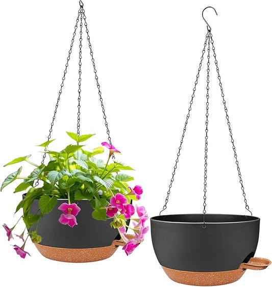 2 Pack Hanging Planters for Indoor Outdoor Plants, 12 Inch Self Watering Hanging Pot with Drainage Holes and Saucer, Plastic Plant Pots, Black Brown Flower Pots for Kitchen, Balcony, Garden-CasaMuseHome
