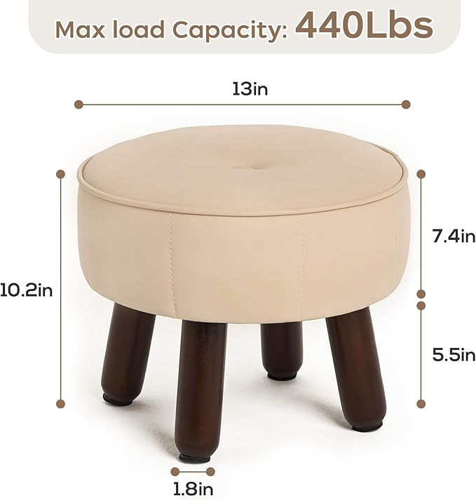 13in Small Foot Stool Ottoman, Round Faux Leather Foot Rest for Couch, Under Desk Pouf Footstool Footrest with Non-Skid Rubber Legs for Ling Room, Bedroom, 13''L x 13''W x 10.2''H, Beige-CasaMuseHome