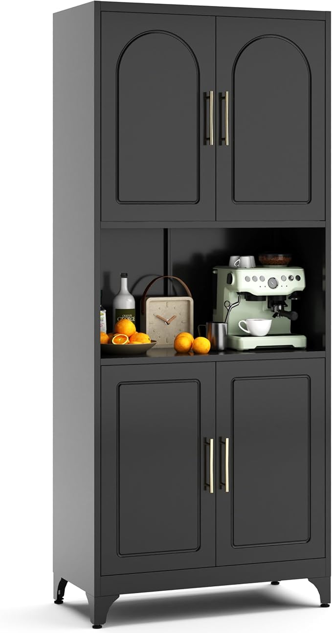 75" Tall Kitchen Pantry Storage Cabinet, Metal Storage Cabinets with 4 Doors and Adjustable Shelves, Black Kitchen Hutch Cabinet with Microwave Stand, Large Cupboard for Dining Living Room-CasaMuseHome