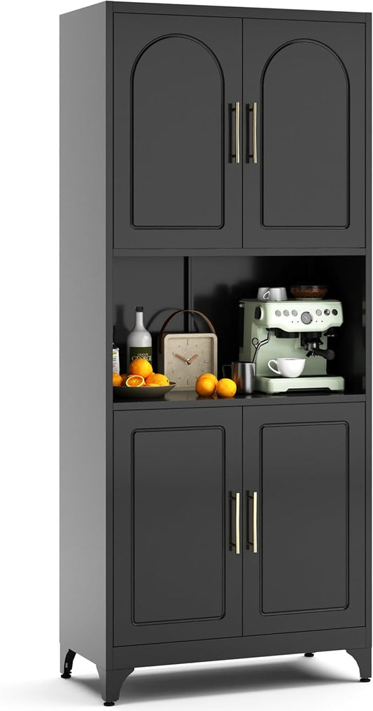 75" Tall Kitchen Pantry Storage Cabinet, Metal Storage Cabinets with 4 Doors and Adjustable Shelves, Black Kitchen Hutch Cabinet with Microwave Stand, Large Cupboard for Dining Living Room-CasaMuseHome