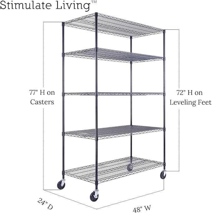 48"x24"x72" Prime Heavy Duty Black 5-Tier Steel Wire Shelving NSF 4000 LBS MAX Capacity Storage Rack for Commercial, School, Home, Garage, Warehouse, Industrial, and Hospital Uses (with Wheels)-CasaMuseHome