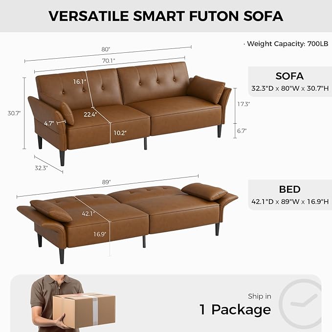 89” Futon Sofa Bed, Faux Leather Futon Couch Bed with 2 Square Pillows, Convertible Sleeper Sofa with Adjustable Backrest& Armrests, Modern Loveseat Sleeper for Living Room, Bedroom, Brown-CasaMuseHome