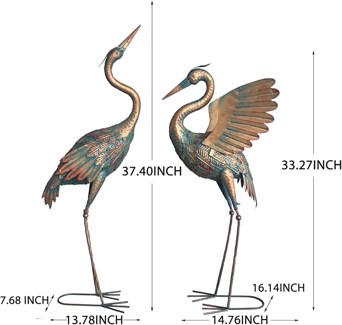 33-37 Inch Metal Crane Garden Statue Décor, Bird Heron Garden Sculpture & Statues, Outdoor Decoration for Yard Pond Lawn Backyard Pool, Vintage Spread Wings Crane, Set of 2 Copper…-CasaMuseHome
