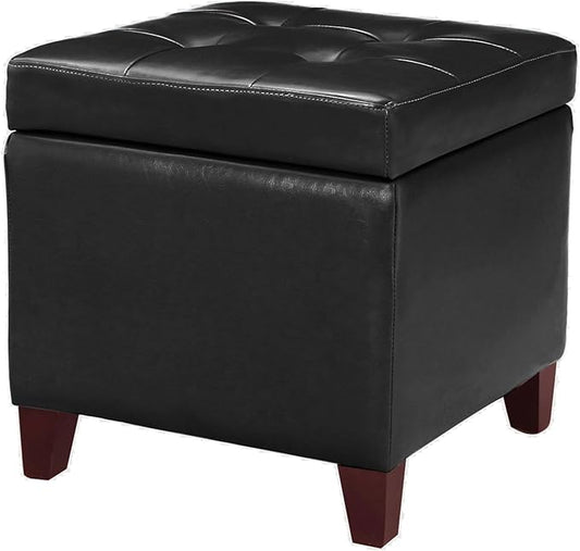 Adeco Storage Ottoman Foot Rest Stool, Leather Ottoman Footstool with Wood Legs and Hinged Lid, 18" Small Foot Stool Bench for Living Room, Bedroom, Black-CasaMuseHome