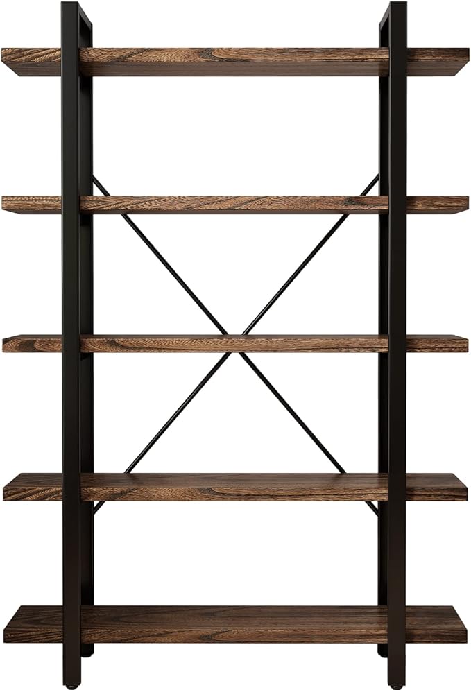 5-Tier Industrial Style Solid Wood Bookcase and Book Shelves,Rustic Wood and Metal Shelving Unit， Living Room,Modern Rustic Open Industrial Book Shelf Office,Distressed Brown (AY-02-5Tier)-CasaMuseHome