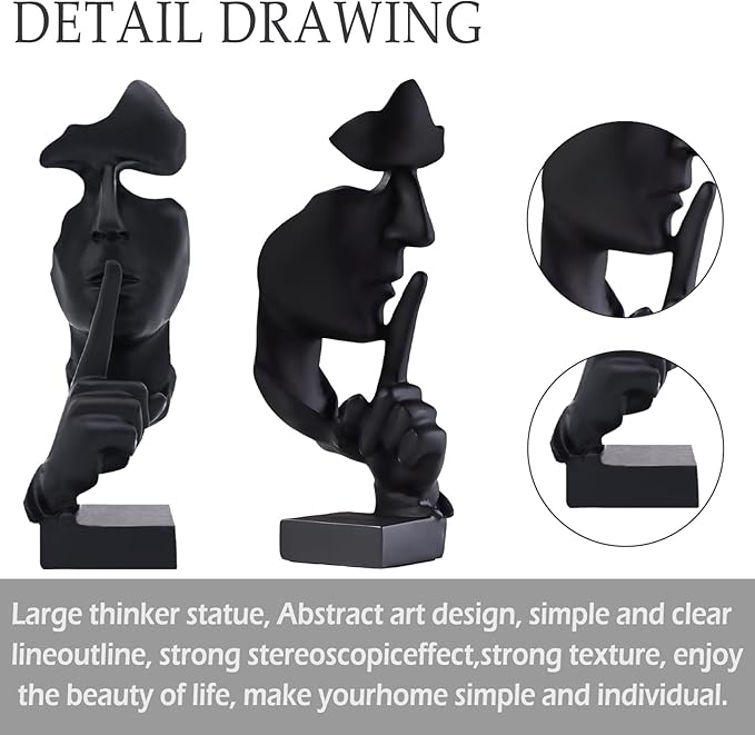 aboxoo Thinker Statue, Silence is Gold Abstract Art Figurine, Modern Home Resin Sculptures Decorative Objects Piano Desktop Decor for Creative Room Home, Office Study Decor (Large Black)-CasaMuseHome