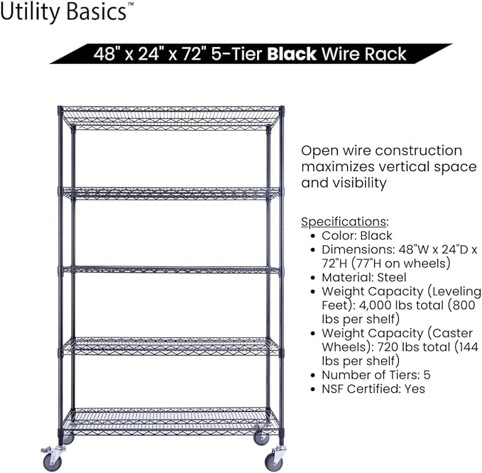 48"x24"x72" Black 5-Tier Premium Wire Shelving NSF 4000 LBS MAX Capacity Heavy Duty Steel Storage Rack for Warehouses, Garages, Hospitals, Commercial Spaces, & Schools w/Premium Wheels-CasaMuseHome