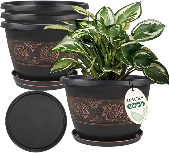 4 Pack 10 inch Plant Pots, Retro Pattern Planters with Drainage Holes and Saucer, Sturdy Plastic Garden Flower Pots for Indoor & Outdoor Plants-CasaMuseHome