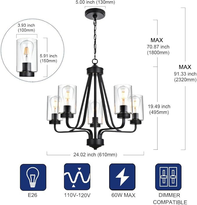 5-Lights Modern Chandelier with Clear Glass Shades, Black Farmhouse Pendant Lighting for Dining Room Kitchen Island Ceiling Light Fixture Haning Over Table-CasaMuseHome