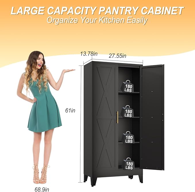 61" H Metal Kitchen Pantry Storage Cabinet, Freestanding Cupboard with 2 Doors and 3 Adjustable Shelves, Standing Storage for Kitchen, Bathroom, Garage, Dinning Room or Utility Room（Black）-CasaMuseHome