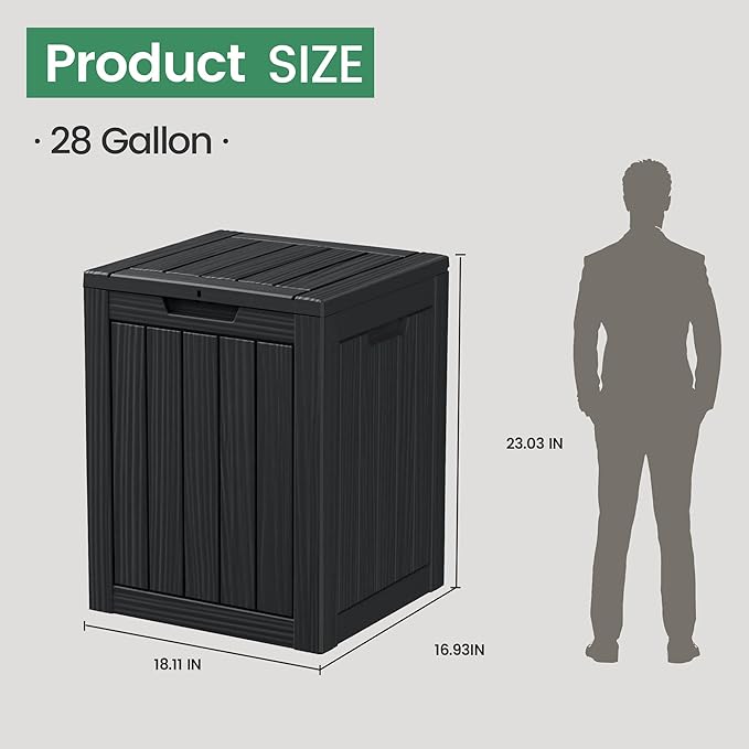 28 Gallon Outdoor Storage Box, Waterproof Durable Resin Deck Box for Indoor & Outdoor Use, Lockable Outdoor Bench, Deck Bin for Patio Furniture, Deliveries, Pool Supplies, Black-CasaMuseHome