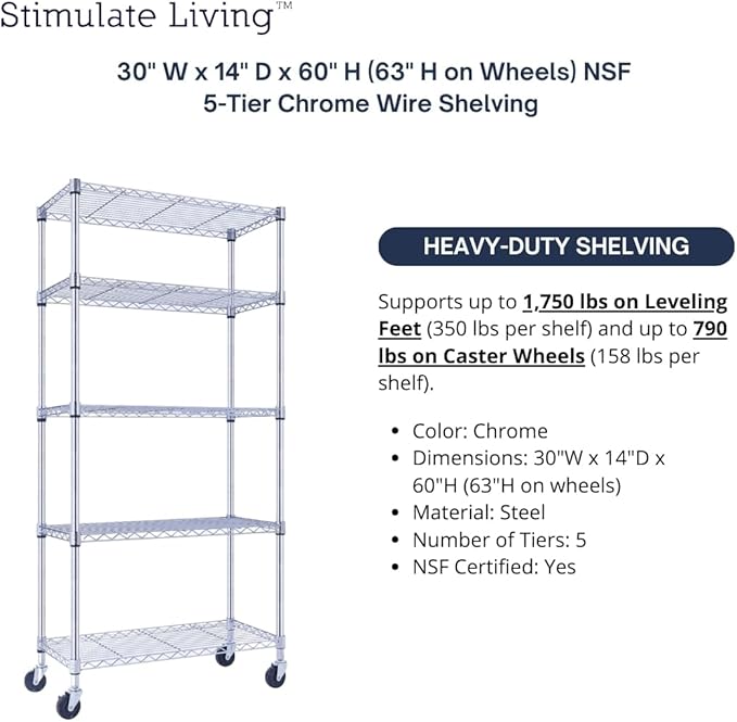30"x14"x60" PRIME HEAVY DUTY Chrome 5-Tier Wire Shelving 1,750 LBS MAX Capacity Storage Rack for Commercial, School, Home, Garage, Warehouse, Industrial, and Hospital Uses (with Wheels)-CasaMuseHome
