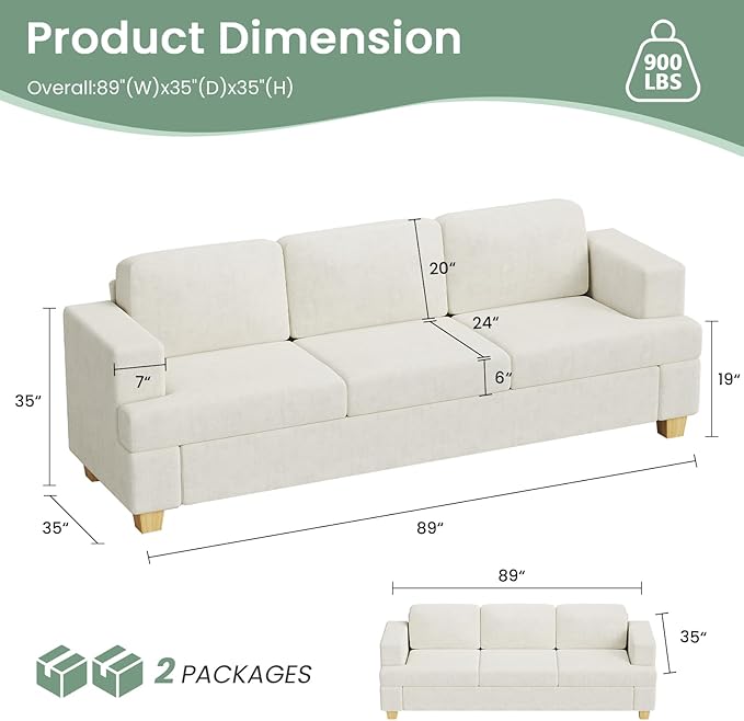 2 Piece Set Comfy Sofa Couch, 2 3-Seater Sofa with Deep Seats, Modern Sleeper Couch for Living Room, Beige Chenille-CasaMuseHome