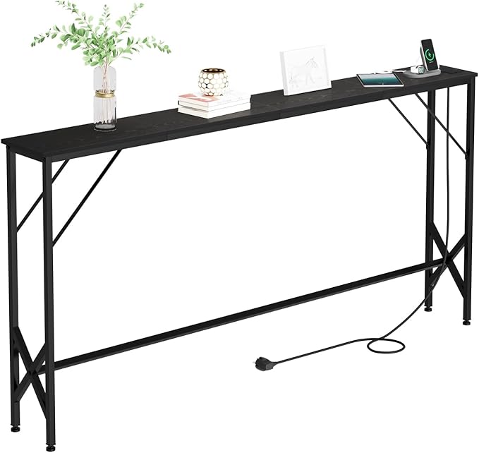 63'' Console Table, Skinny Entryway Table with Fast-Charging Station, Narrow Long Sofa Table, Behind Slim Couch Table for Entrance, Hallway, Living Room Decor ST-BK160-1-CasaMuseHome