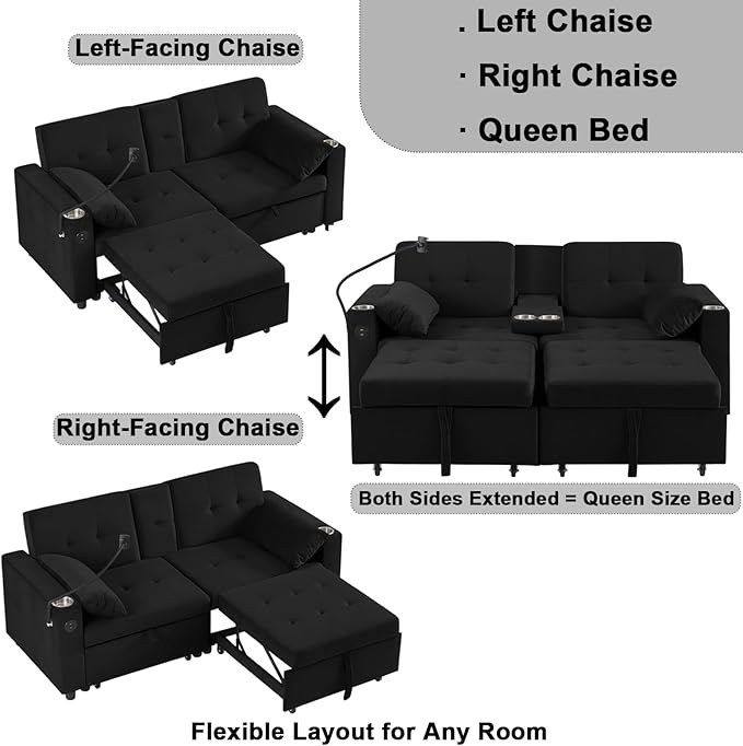 70" Queen Size Sofa Bed for Living Room – Pull-Out Sleeper Sofa Couch with Cup Holder, Phone Holder, USB Charging Port, Solid Wood Frame, Easy Assembly, Space-Saving Design for Small Apartments-CasaMuseHome