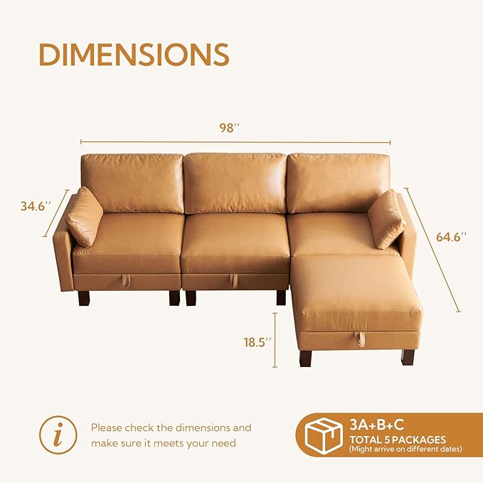 L Shape Modular Sofa, Faux Leather Sectional, 98'' 4 Seater Couch, Mid Century Modern Decor Couch, Office Sectional Sofa Bed, for House, Apartment, Living Room, Tan-CasaMuseHome