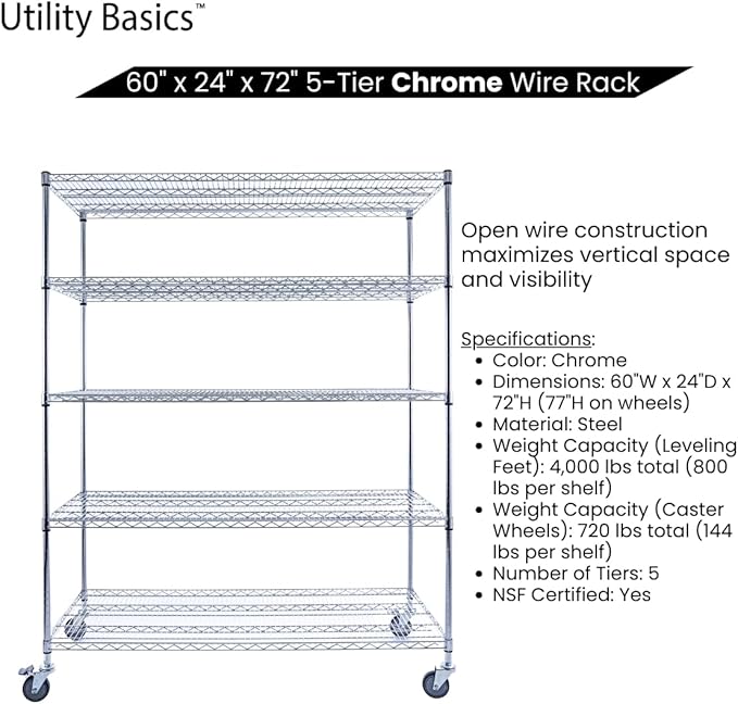 60"x24"x72" Chrome 5-Tier PREMIUM Wire Shelving NSF 4000 LBS MAX CAPACITY Heavy Duty Steel Storage Rack for Warehouses, Garages, Hospitals, Commercial Spaces, & Schools w/PREMIUM WHEELS-CasaMuseHome
