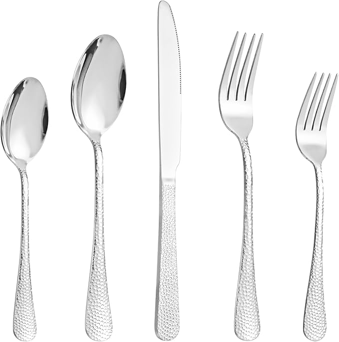 40 Pcs Silverware Set for 8 with Hammered Design, Food Grade Stainless Steel Flatware Set, Eating Utensils Sets Include Fork/Knife/Spoon, Reusable Cutlery Set, Dishwasher Safe-CasaMuseHome