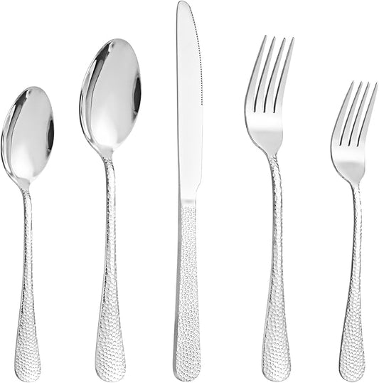 20 Pcs Silverware Set for 4 with Hammered Design, Food Grade Stainless Steel Flatware Set, Eating Utensils Sets Include Fork/Knife/Spoon, Reusable Cutlery Set, Dishwasher Safe-CasaMuseHome