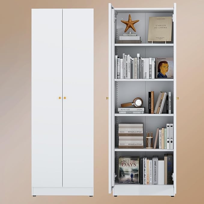 5 Tier Metal Curio Cabinets, Modern Bookshelf Cabinet with 4 Adjustable Shelves, Cabinet Display Case for Home Office, Living Room, Pantry (White-23.54W-Metal Door)-CasaMuseHome