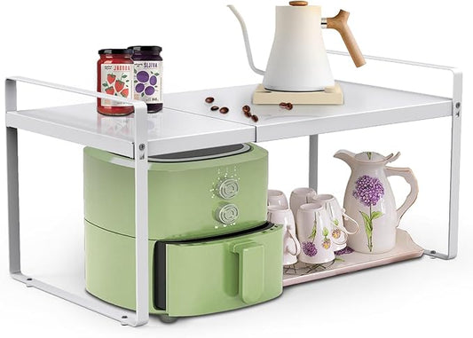 11'' Wide Expandable Cabinet Shelf Organizer Rack Adjustable Length 14''-26'' Pantry Shelf Spice Rack Heavy Duty Nonslip Kitchen Counter Storage Shelves Pantry Cupboard Under Sink Countertop White-CasaMuseHome