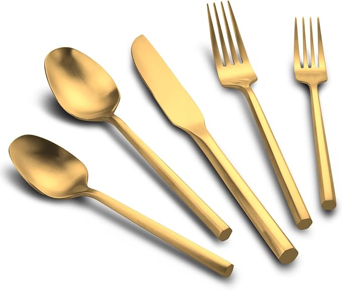 30-Piece Matte Gold Silverware Set, Hand Forged Utensil, Stainless Steel Flatware Set, Hexagon Handle Cutlery Set for Home Hotel Use, Service for 6-CasaMuseHome