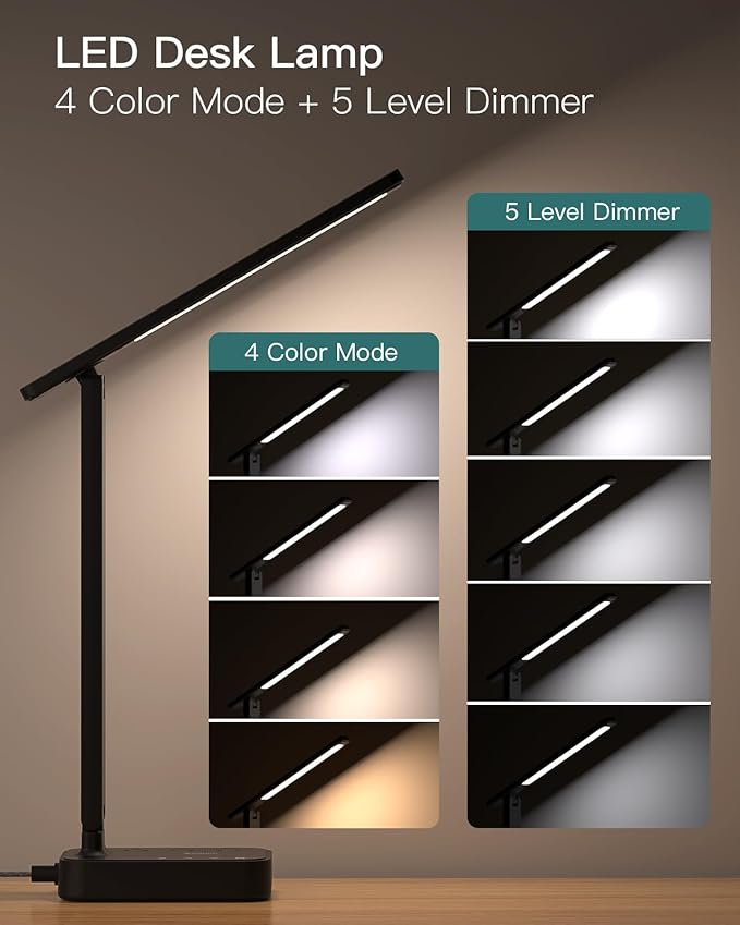 Addtam LED Desk Lamp, Power Strip with 3 Outlets 4 USB Charging Ports(2 USBC), 4 Modes 5 Level Brightness Touch Lamp, Small Desk Lamp for Home Office College Dorm Room Essentials-CasaMuseHome
