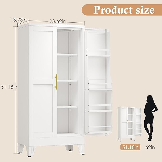 51" H Metal Kitchen Pantry Storage Cabinet, Freestanding Cupboard Storage Cabinet with Doors and Adjustable Shelves, Large Stand Up Food Cupboard for Living Room, Dinning Room, White-CasaMuseHome