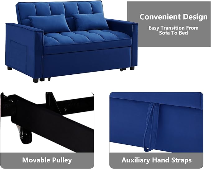 3 in 1 Convertible Sleeper Sofa Bed,Futon Loveseat Couch with Pull-Out Bed & Adjustable Backrest,Velvet Fabric Sofa with Side Pocket for Small Apartment, Living Room, Office (Blue)-CasaMuseHome