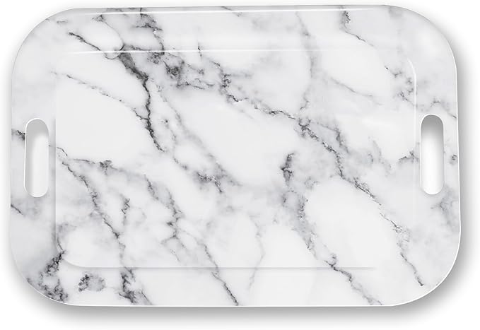 Serving Trays with Handles, 14.5 x 9.8 inch Rectangular Plastic Tray for Restaurant, Kitchen, Gray White Marble-CasaMuseHome