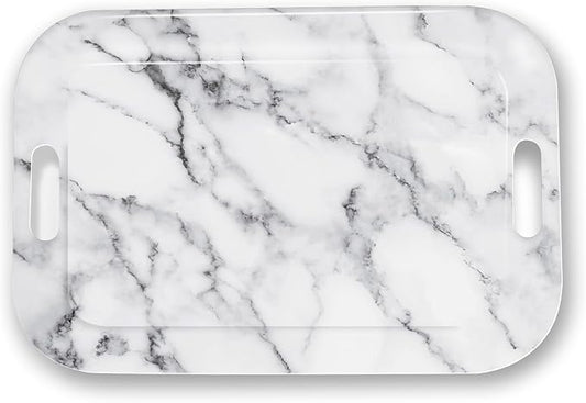 Serving Trays with Handles, 14.5 x 9.8 inch Rectangular Plastic Tray for Restaurant, Kitchen, Gray White Marble-CasaMuseHome