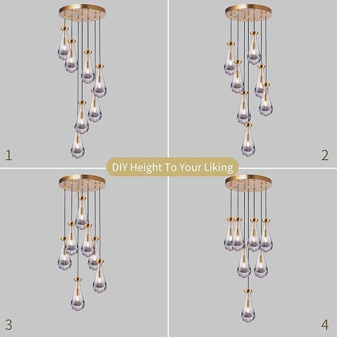 7 Light Raindrop Chandeliers, Brass Teardrop Cluster Pendant Lights Kitchen Island, Gold Dining Room Chandeliers Over Table Hanging Pendant Lighting for High Ceiling, Entryway Staircase-CasaMuseHome