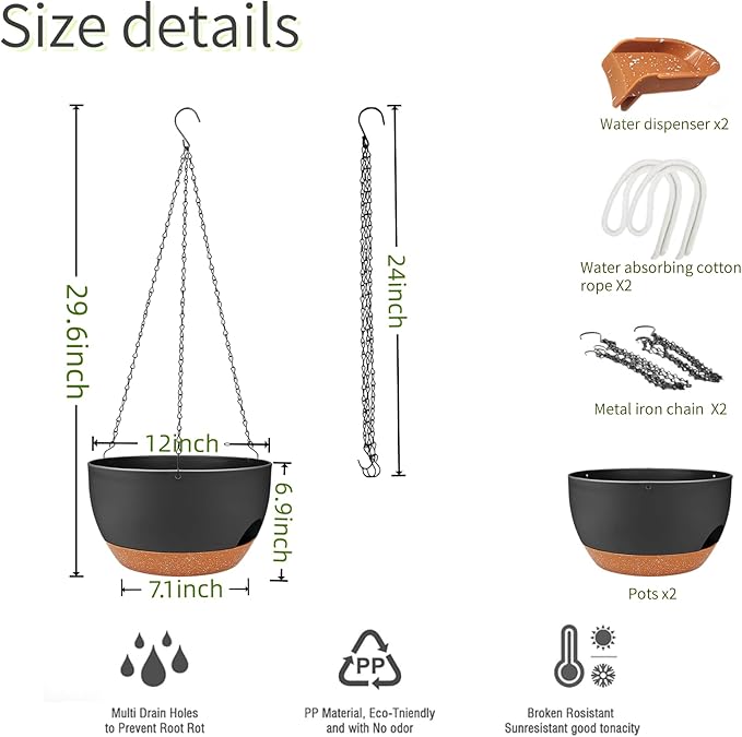 2 Pack Hanging Planters for Indoor Outdoor Plants, 12 Inch Self Watering Hanging Pot with Drainage Holes and Saucer, Plastic Plant Pots, Black Brown Flower Pots for Kitchen, Balcony, Garden-CasaMuseHome