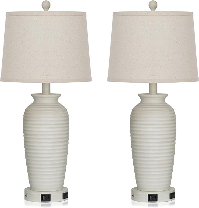25" Farmhouse Jar Table Lamps Set of 2,Rustic Cream Pot Table Lamp for Bedroom, Living Room,3 Way Touch Control Rustic Bedside Lamps with USB A+C Ports & AC Outlet(LED Bulbs Included)-CasaMuseHome