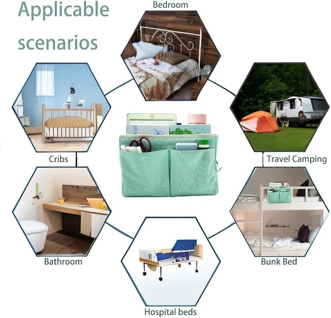 2-Pack Bedside Caddy Bedside Hanging Storage Basket Multi-Function Organizer Caddy for Bunk and Hospital Beds Dorm Rooms Bed Rails, Can be Placed Glasses Books Mobile Phones（2pcs Green）-CasaMuseHome