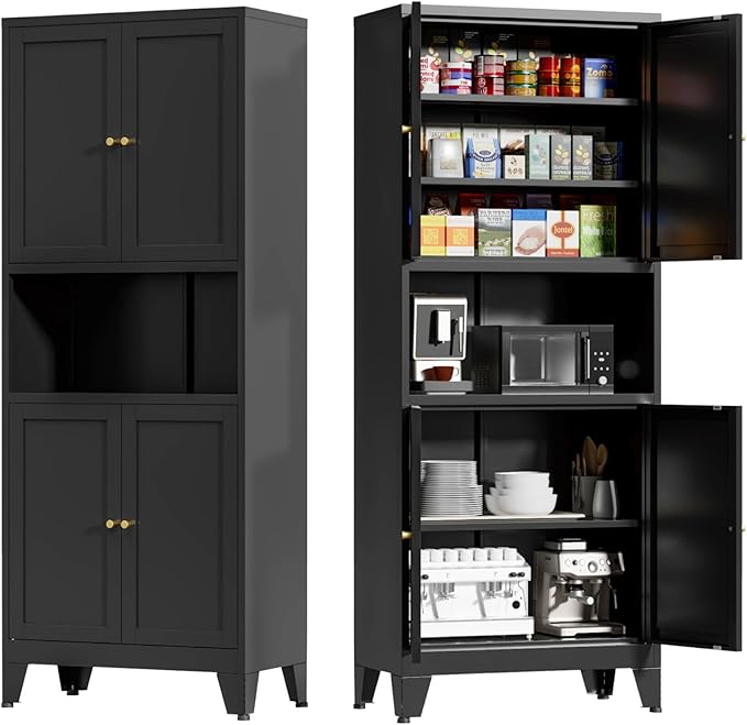 69" Tall Kitchen Pantry Cabinet, Metal Storage Cabinet with 4 Doors and Adjustbale Shelves, Freestanding Cupboards for Dining Room, Living Room, Bathroom-CasaMuseHome