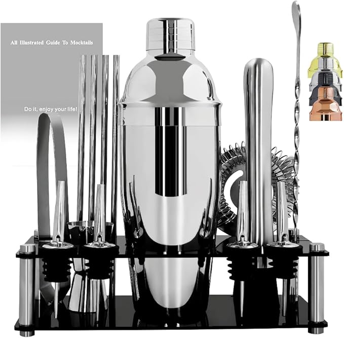 14-Piece Cocktail Shaker Set Bartender Kit with Black Stand, Bar Tool Set for Drink Mixing Bartending Kit Bar Sets Accessories: 750ml(25oz) Shaker, Jigger, Muddler, Cocktail Recipes (Silver)-CasaMuseHome