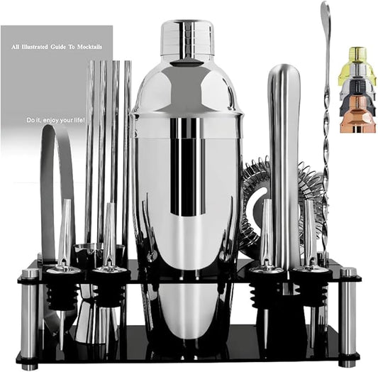 14-Piece Cocktail Shaker Set Bartender Kit with Black Stand, Bar Tool Set for Drink Mixing Bartending Kit Bar Sets Accessories: 750ml(25oz) Shaker, Jigger, Muddler, Cocktail Recipes (Silver)-CasaMuseHome