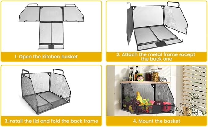 1 SET Large fruit basket for kitchen counter-stackable basket with Bamboo Tops & Tag,hanging wall baske,for Cabinet Shelf Countertop pantry storaget, onion potato Vegs Bread Food Organizing Bin,BLACK-CasaMuseHome