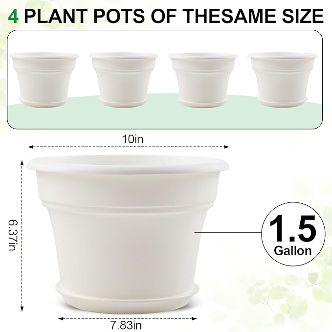 10 Inch Plastic-Flower-Pot-for-Indoor-Plants, 4 Pack Large Outdoor Planter Pot with Drainage Holes & Saucers, Resin Decorative Garden Pots Planters-CasaMuseHome