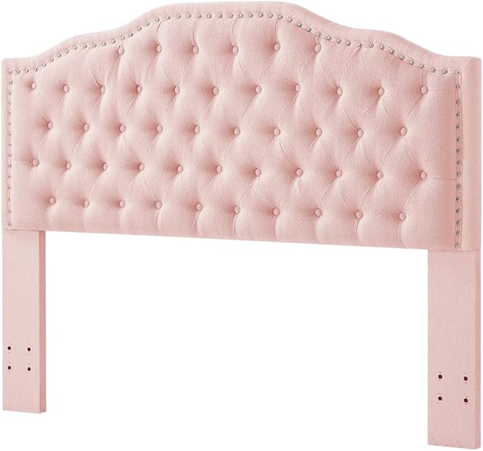 24KF Upholstered Button Tufted Queen Headboard with Nailhead Trim, Elegant Boucle Fabric Full headboard, 6031-Q-Boucle-Pink-CasaMuseHome